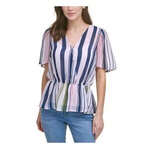 DKNY Womens Ivory Lined Elastic Waist Short Sleeve Peplum Top XXS